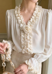 Boutique Apricot V Neck Ruffled Chiffon Shirt Fall