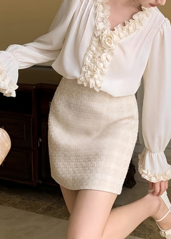 Boutique Apricot V Neck Ruffled Chiffon Shirt Fall