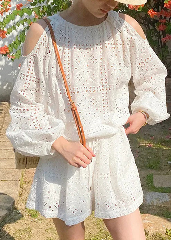 Boutique Beige Cold Shoulder Shirt And Shorts Cotton Two Pieces Set Summer
