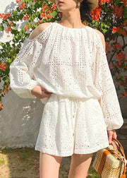 Boutique Beige Cold Shoulder Shirt And Shorts Cotton Two Pieces Set Summer