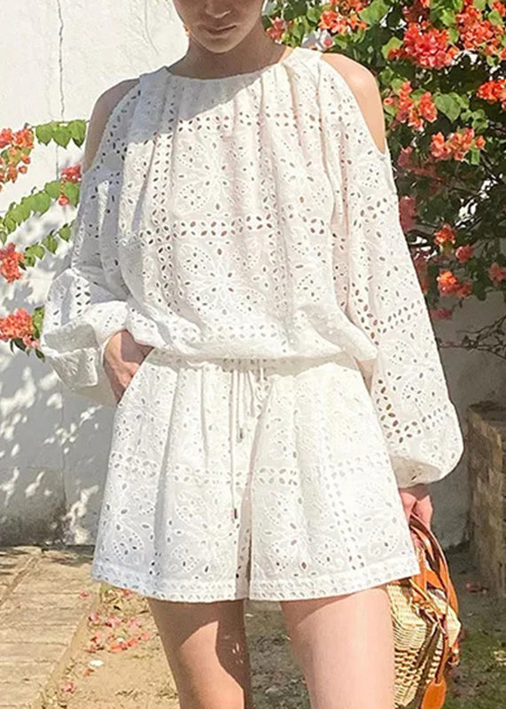 Boutique Beige Cold Shoulder Shirt And Shorts Cotton Two Pieces Set Summer