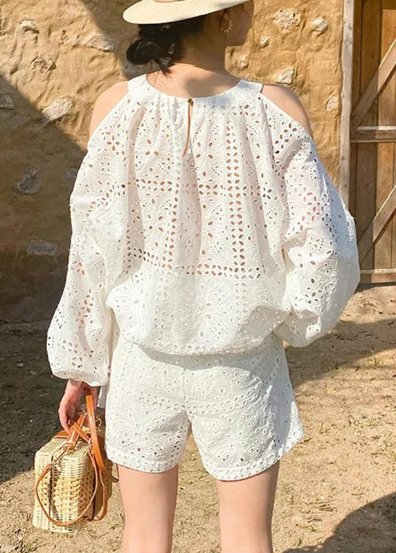 Boutique Beige Cold Shoulder Shirt And Shorts Cotton Two Pieces Set Summer