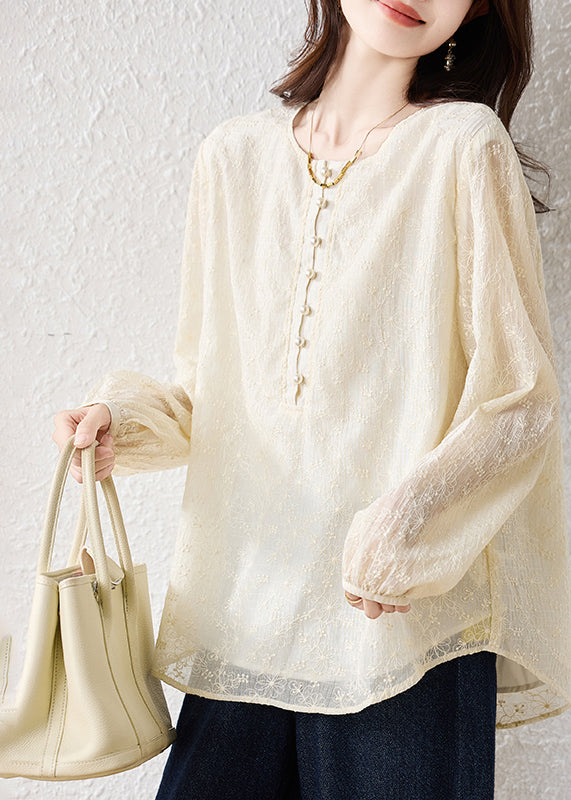 Boutique Beige Oversized Jacquard Cotton Blouse Tops Fall