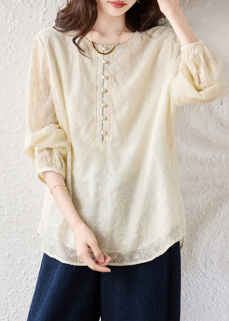 Boutique Beige Oversized Jacquard Cotton Blouse Tops Fall