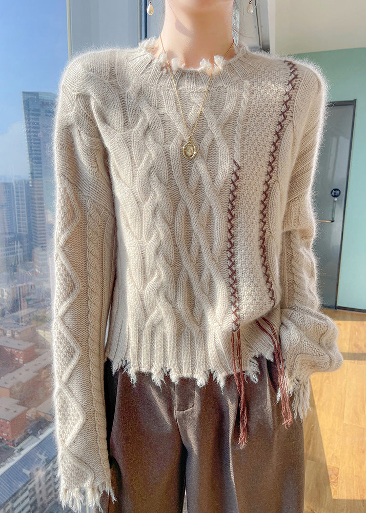 Boutique Beige Stand Collar Cotton Knit Sweater Tops Fall