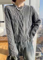 Boutique Beige Stand Collar Cotton Knit Sweater Tops Fall