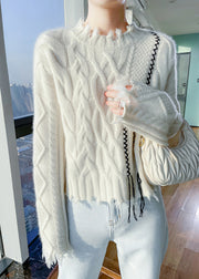 Boutique Beige Stand Collar Cotton Knit Sweater Tops Fall