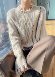 Boutique Beige Stand Collar Cotton Knit Sweater Tops Fall