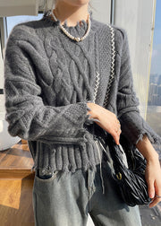 Boutique Beige Stand Collar Cotton Knit Sweater Tops Fall