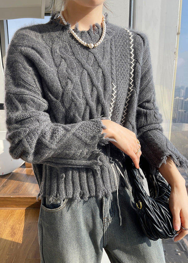 Boutique Beige Stand Collar Cotton Knit Sweater Tops Fall