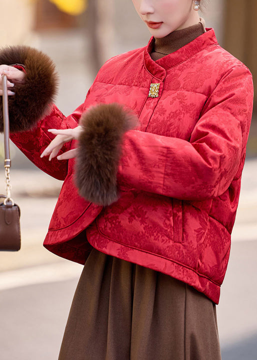 Boutique Beige Stand Collar Fur Patchwork Duck Down Jacket Winter