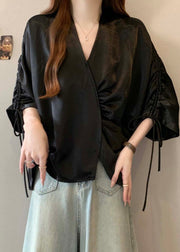 Boutique Black Asymmetrical Drawstring Silk Blouses Bracelet Sleeve