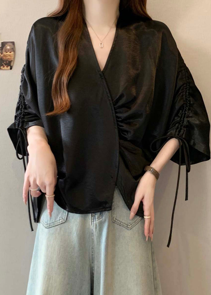 Boutique Black Asymmetrical Drawstring Silk Blouses Bracelet Sleeve