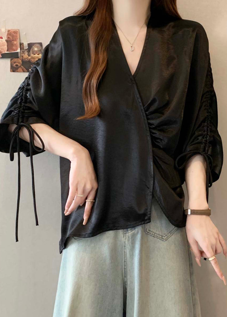 Boutique Black Asymmetrical Drawstring Silk Blouses Bracelet Sleeve