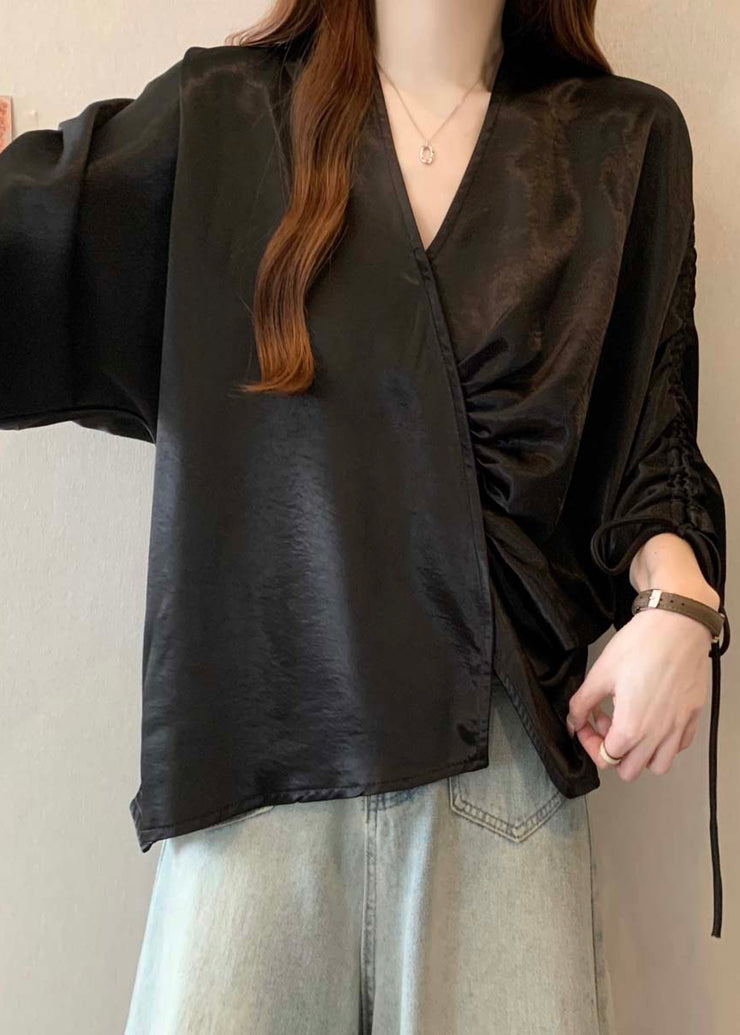 Boutique Black Asymmetrical Drawstring Silk Blouses Bracelet Sleeve