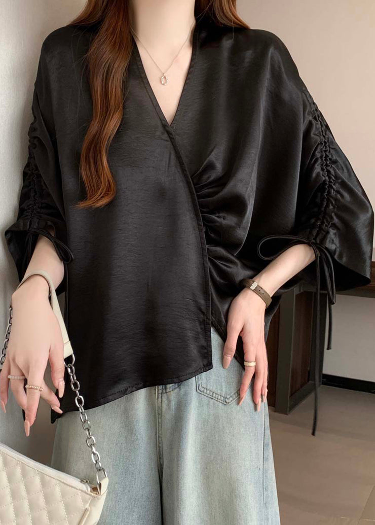 Boutique Black Asymmetrical Drawstring Silk Blouses Bracelet Sleeve