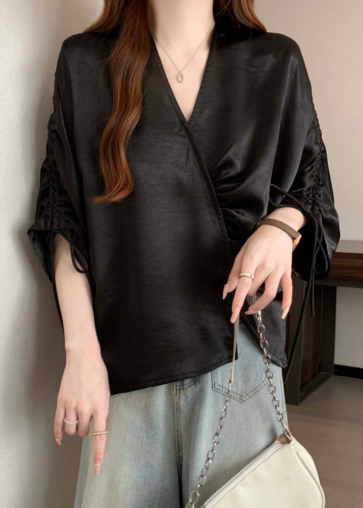 Boutique Black Asymmetrical Drawstring Silk Blouses Bracelet Sleeve