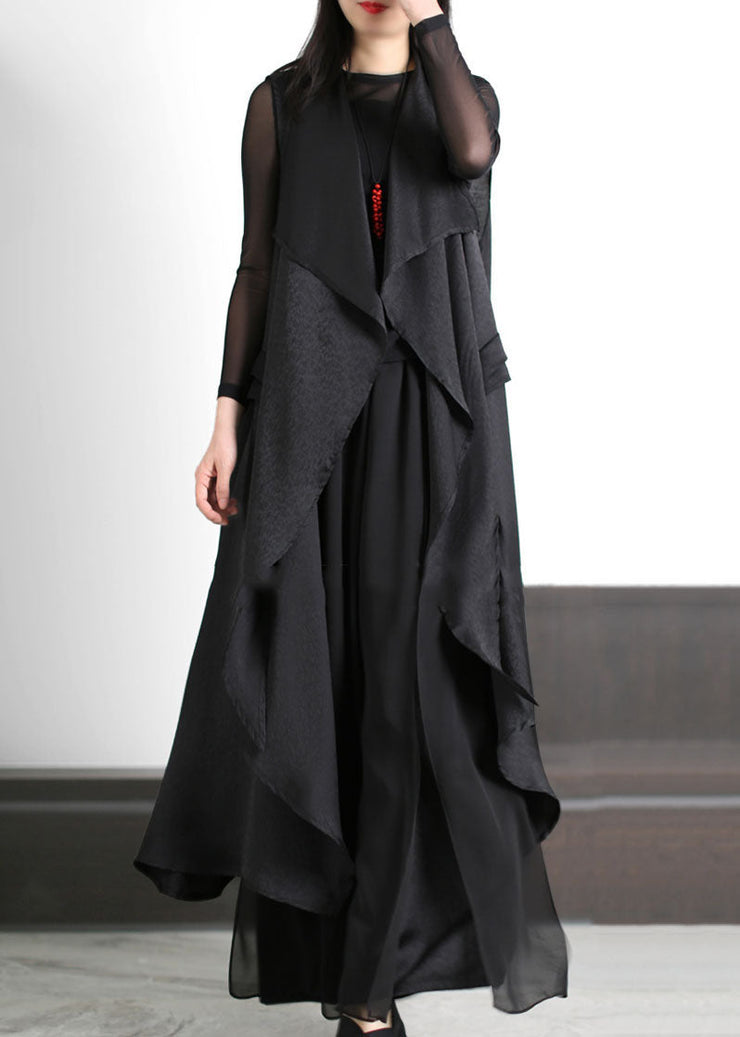 Boutique Black Asymmetrical Patchwork Silk Three Pieces Set Summer