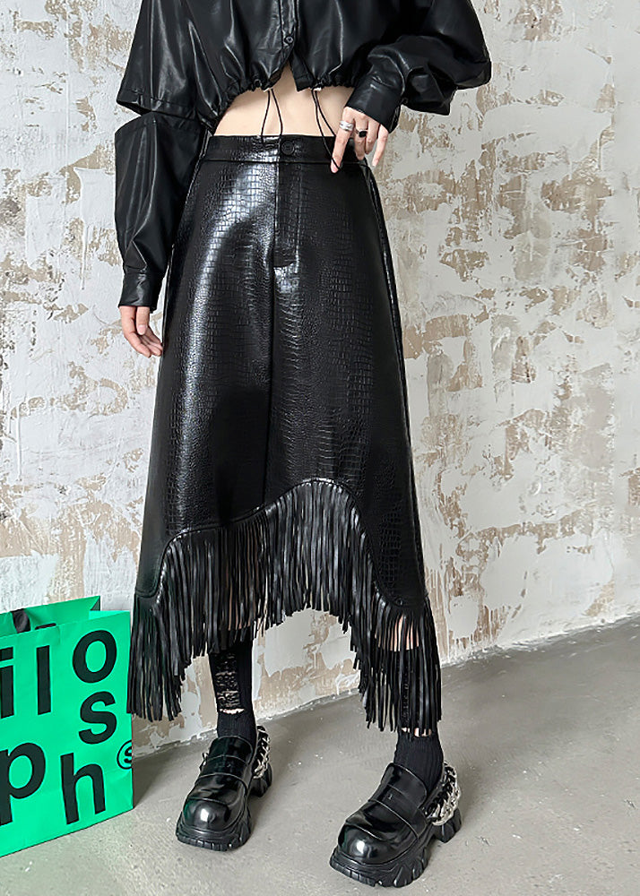 Boutique Black Asymmetrical Tasseled Faux Leather Skirts Spring