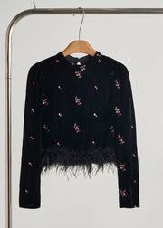 Boutique Black Embroidered Patchwork Feather Silk Velour Tops Fall