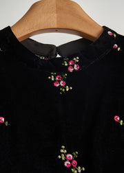 Boutique Black Embroidered Patchwork Feather Silk Velour Tops Fall