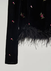 Boutique Black Embroidered Patchwork Feather Silk Velour Tops Fall