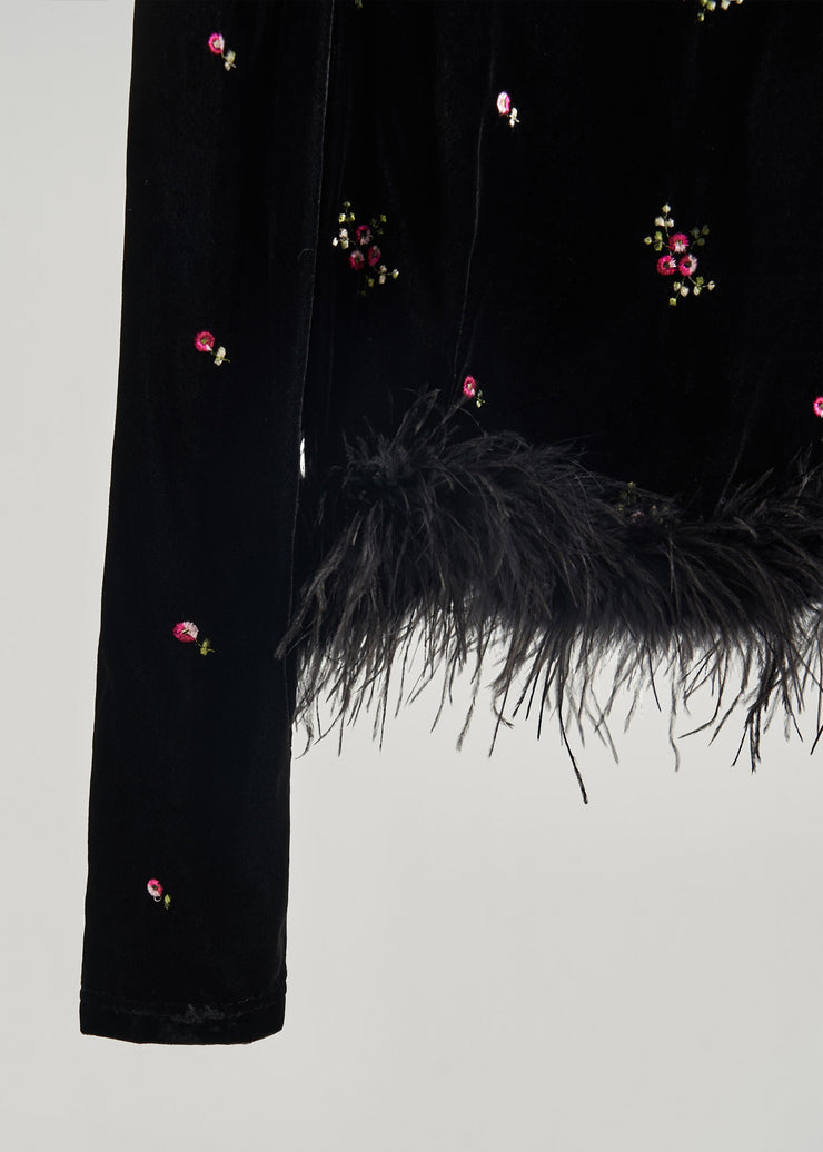 Boutique Black Embroidered Patchwork Feather Silk Velour Tops Fall
