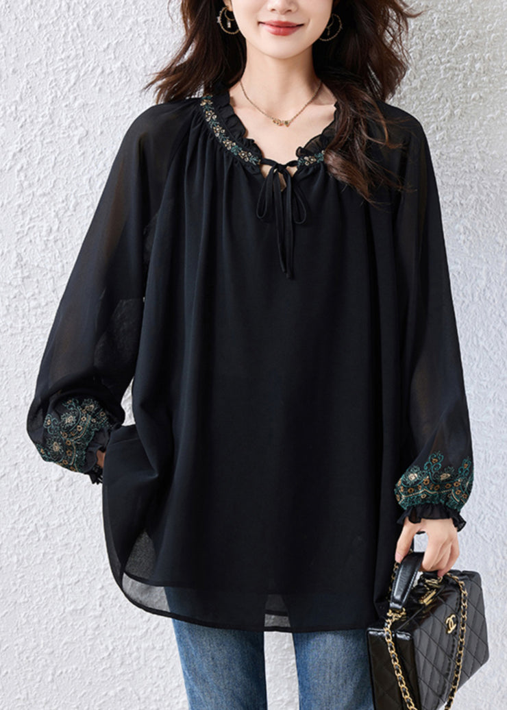 Boutique Black Embroidered Tie Neck Chiffon Blouse Tops Fall