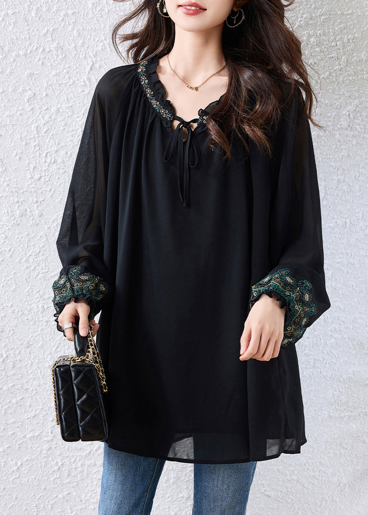 Boutique Black Embroidered Tie Neck Chiffon Blouse Tops Fall