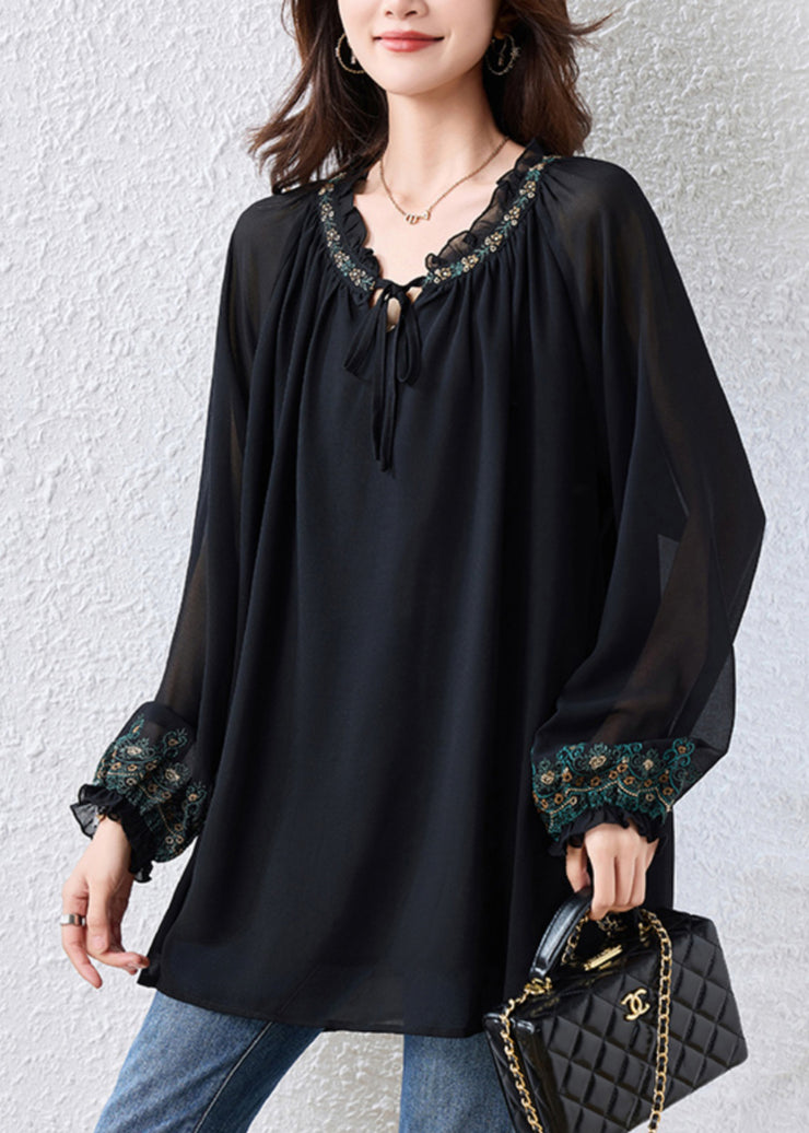 Boutique Black Embroidered Tie Neck Chiffon Blouse Tops Fall