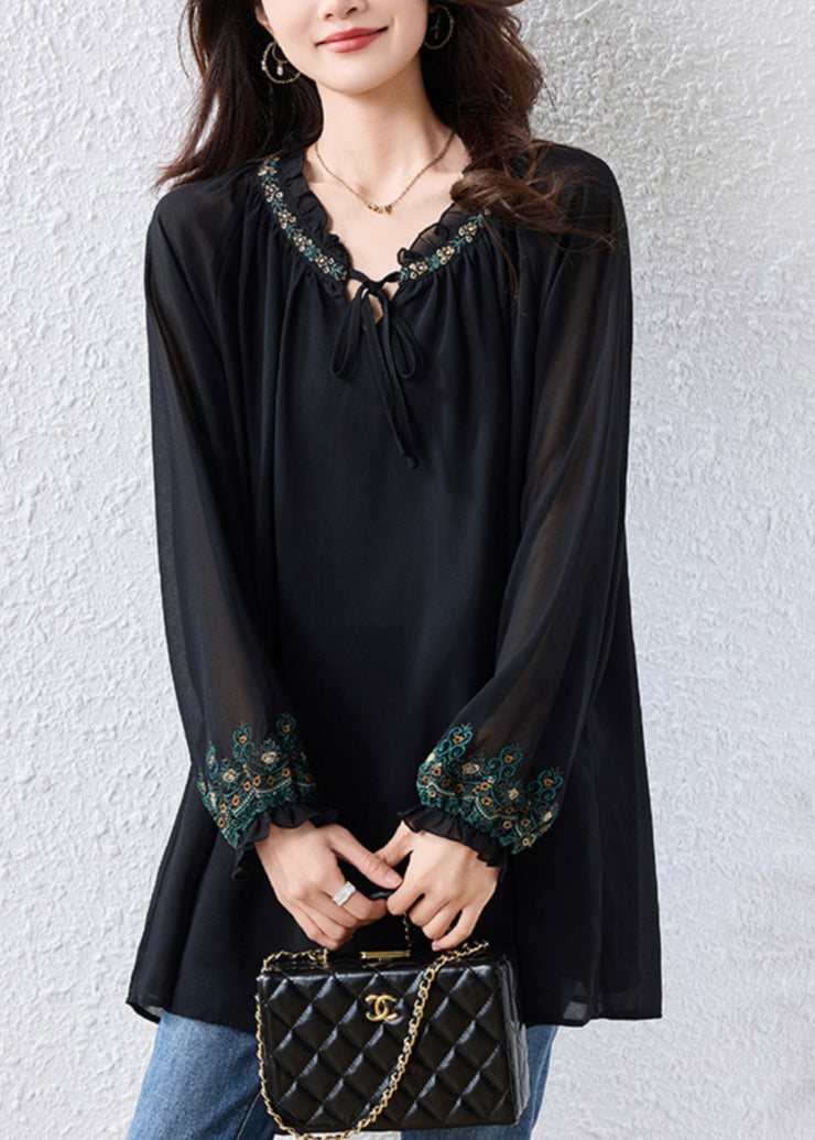 Boutique Black Embroidered Tie Neck Chiffon Blouse Tops Fall
