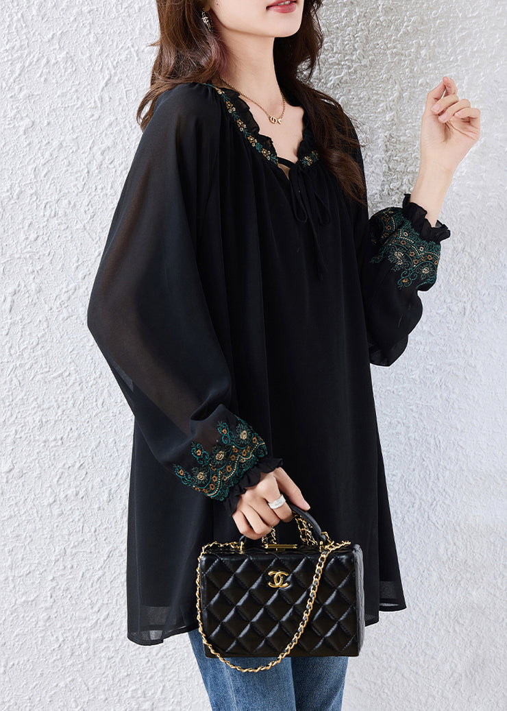 Boutique Black Embroidered Tie Neck Chiffon Blouse Tops Fall