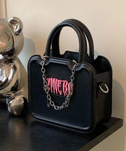Boutique Black Embroidery Chain Linked Faux Leather Tote Mini Handbag