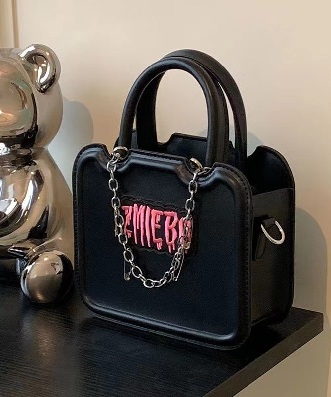 Boutique Black Embroidery Chain Linked Faux Leather Tote Mini Handbag