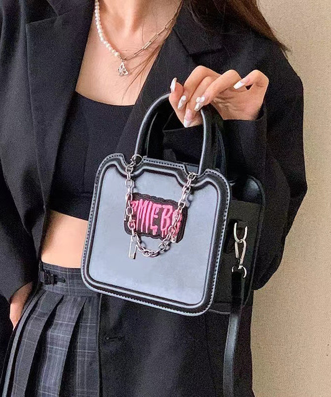Boutique Black Embroidery Chain Linked Faux Leather Tote Mini Handbag