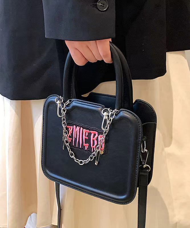 Boutique Black Embroidery Chain Linked Faux Leather Tote Mini Handbag