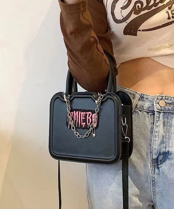 Boutique Black Embroidery Chain Linked Faux Leather Tote Mini Handbag