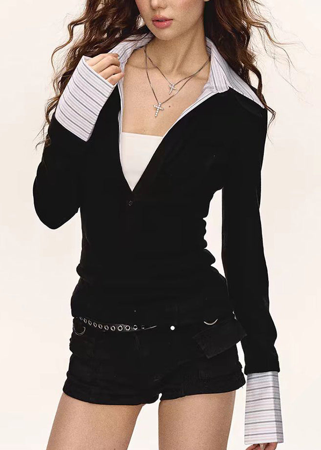 Boutique Black False Two Pieces Patchwork Cotton T Shirt Tops Fall