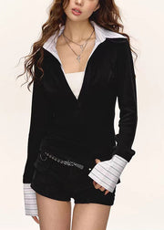 Boutique Black False Two Pieces Patchwork Cotton T Shirt Tops Fall