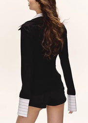 Boutique Black False Two Pieces Patchwork Cotton T Shirt Tops Fall