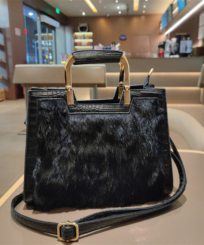 Boutique Black Faux Fur Patchwork Calf Leather Tote Handbag