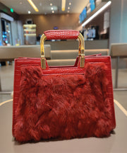 Boutique Black Faux Fur Patchwork Calf Leather Tote Handbag
