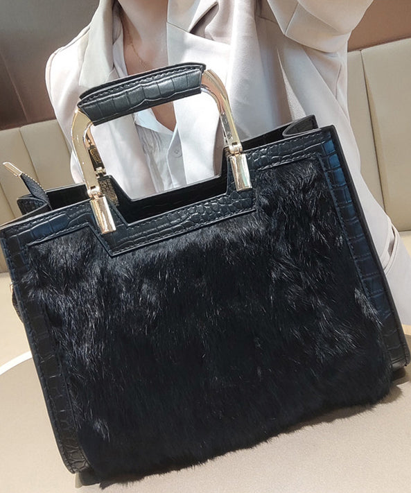 Boutique Black Faux Fur Patchwork Calf Leather Tote Handbag