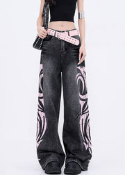 Boutique Black Graffiti Pockets Denim Wide Leg Pants Fall
