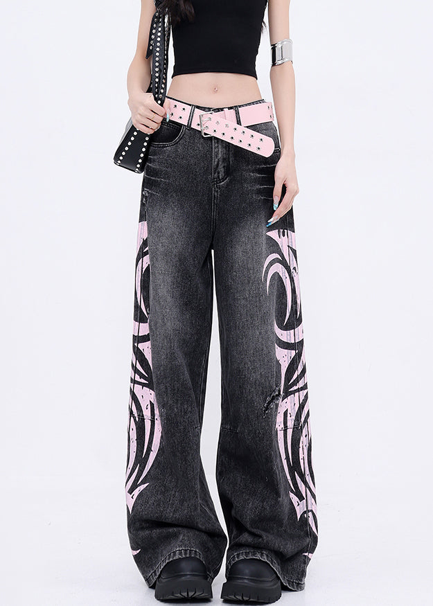 Boutique Black Graffiti Pockets Denim Wide Leg Pants Fall