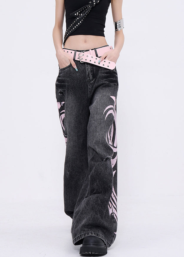 Boutique Black Graffiti Pockets Denim Wide Leg Pants Fall