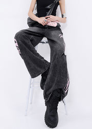 Boutique Black Graffiti Pockets Denim Wide Leg Pants Fall