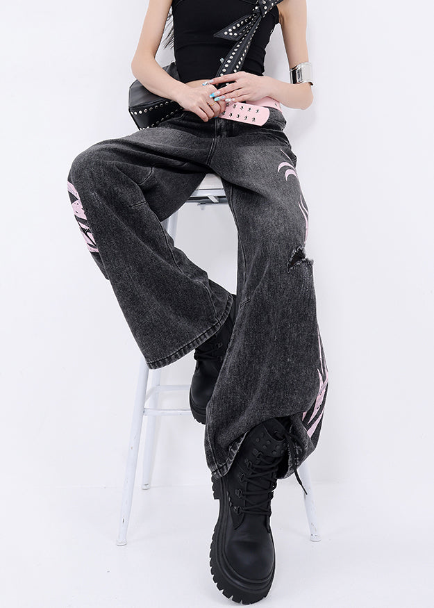 Boutique Black Graffiti Pockets Denim Wide Leg Pants Fall