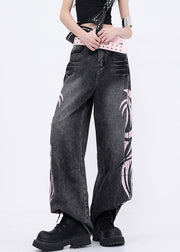 Boutique Black Graffiti Pockets Denim Wide Leg Pants Fall