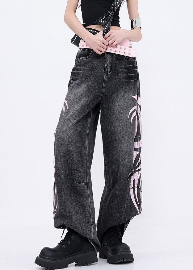 Boutique Black Graffiti Pockets Denim Wide Leg Pants Fall
